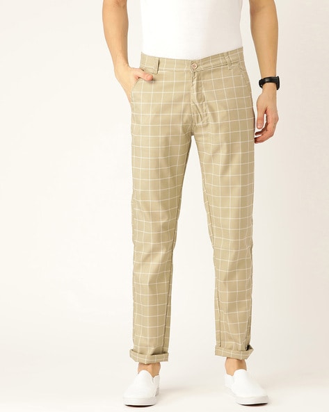 Sojanya Since 1958 Mens Cotton Blend Beige  Green Checked Formal  Trousers