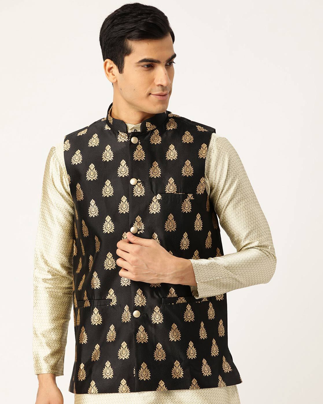 Buy TAHVO Men's Nehru Jacket/Waistcoat/Modi Jacket Cotton Fabric/Men 's 5  Button Nehru Jacket with Hanky Kurta Set (Golden 2, 38) at Amazon.in