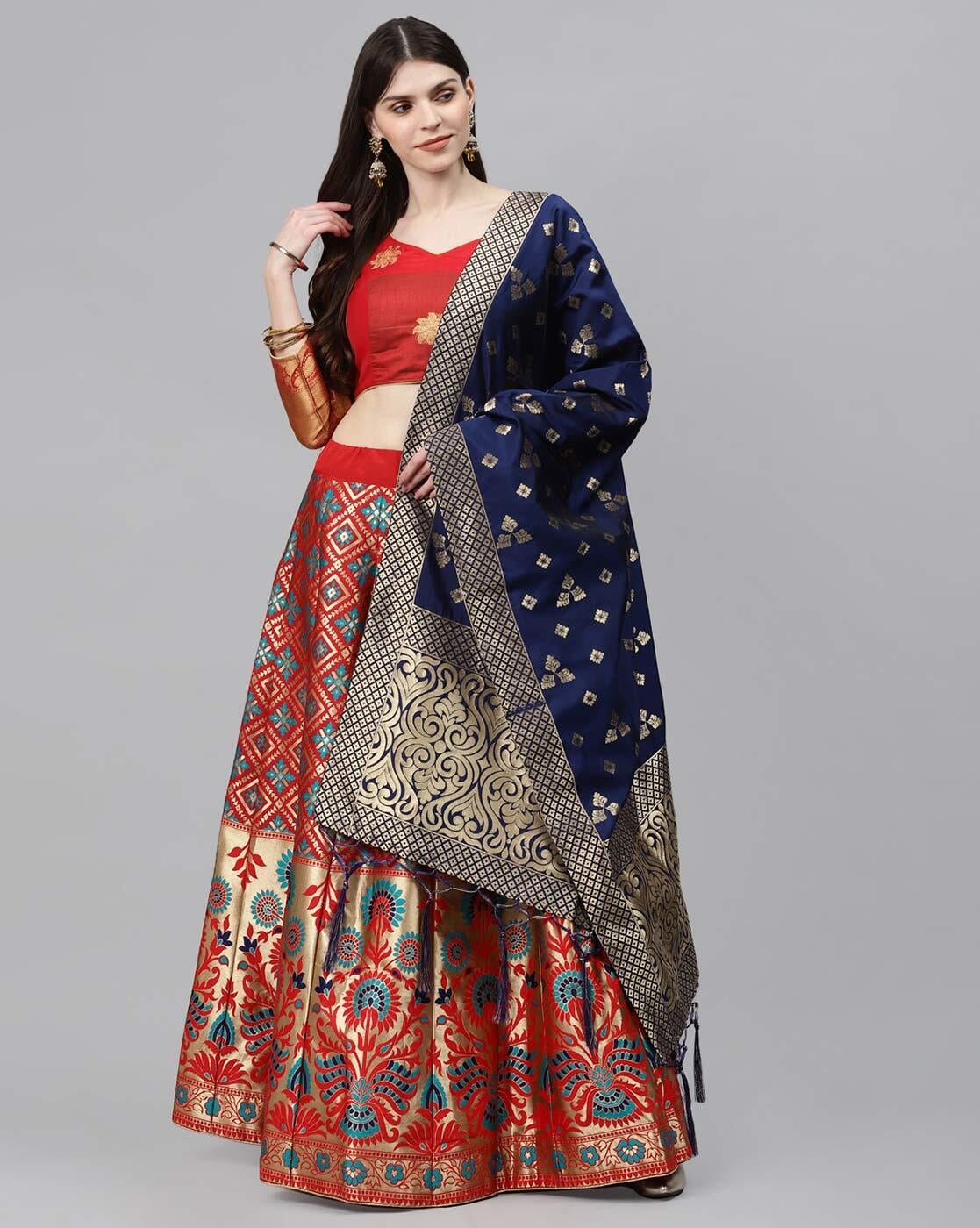 Art Silk Wedding Lehenga Royal Blue With Net Red Dupatta