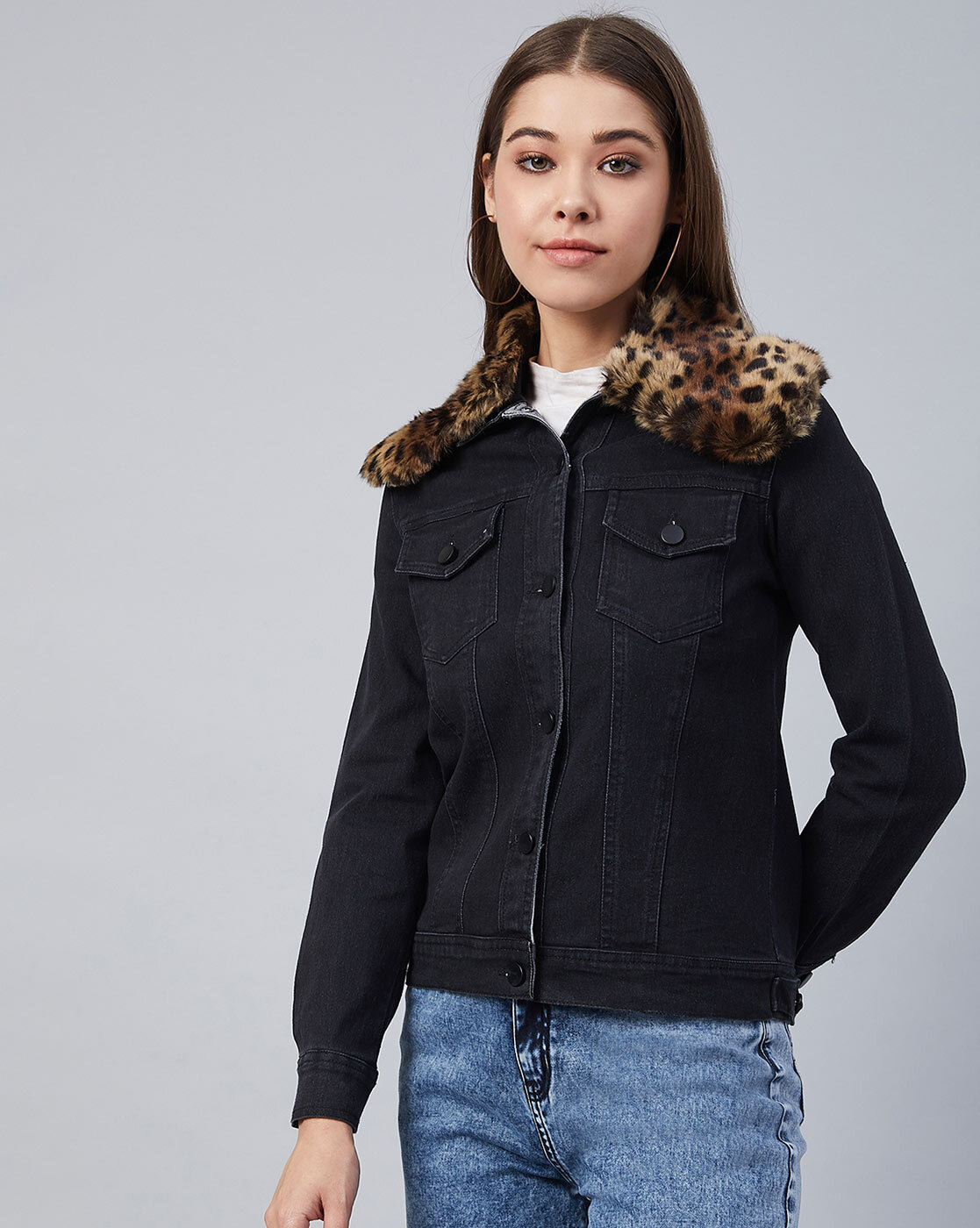 Black denim jacket with fluffy clearance collar