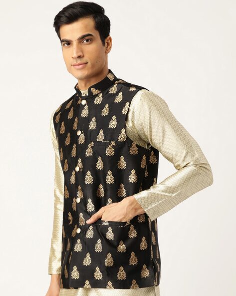 Men's Silk Blend Black Kurta With Pyjama & Limegreen Printed Nehrujacket  Combo - Sojanya | Collar styles, Mandarin collar, Cut top