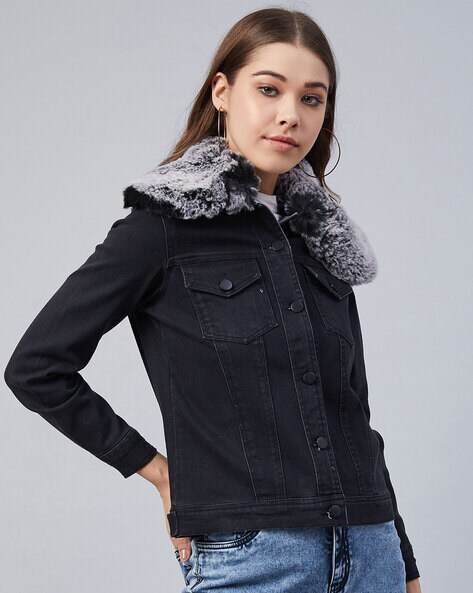 Women Denim Fur Hooded Coat Casual Jackets Single Breasted Outwear – Arimonz