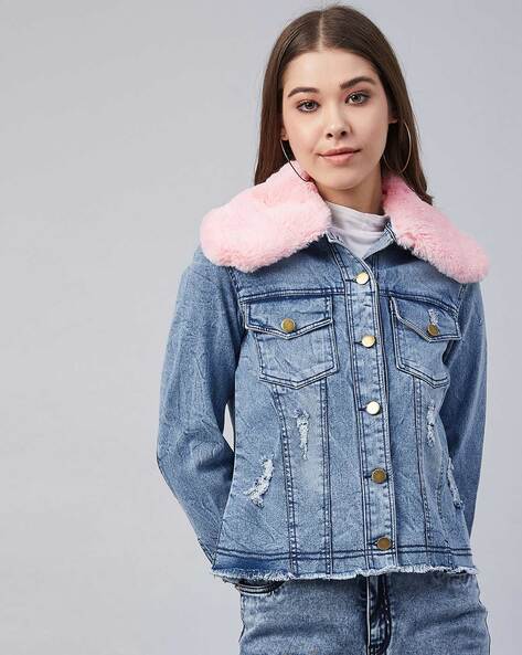 Harper - Faux Fur Denim Bomber Jacket – Pinstripe