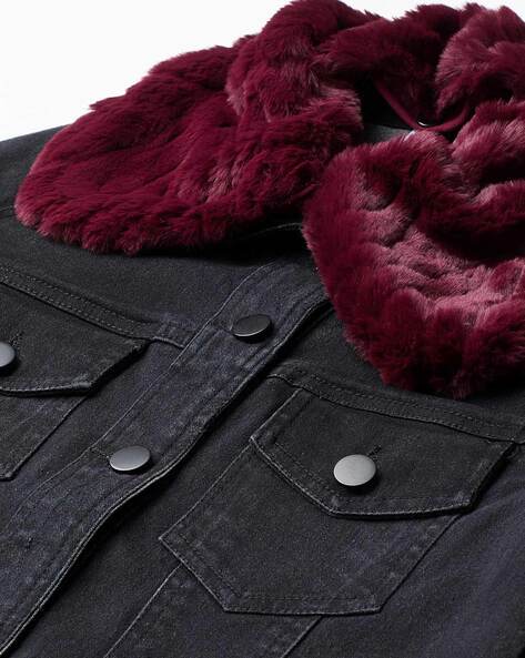 Burgundy denim shop jacket with fur