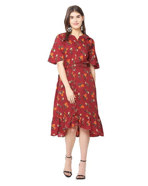 Floral Print Fit & Flare Dress with Tie-Up Waist