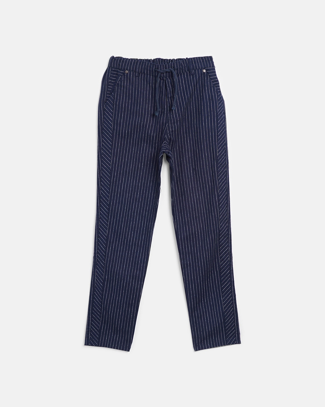 MODAMESTO Men's Navy Blue Striped Slim Fit Fabric Trousers - Trendyol