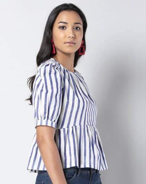 blue and white striped peplum top
