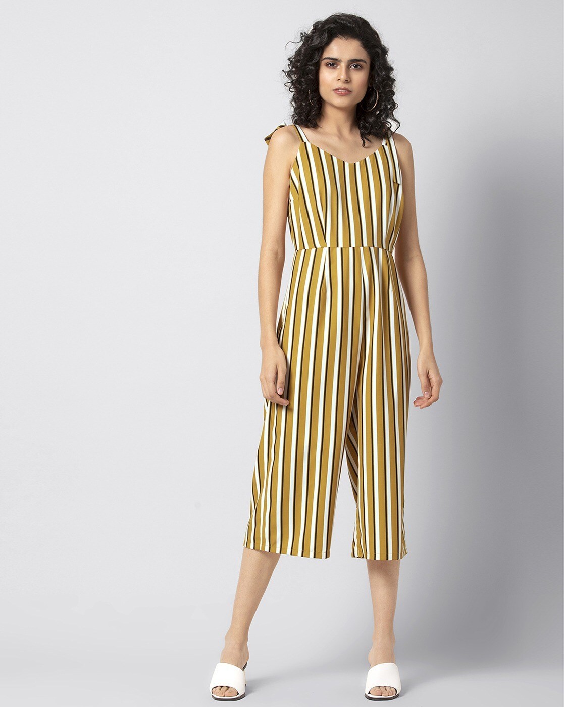 Women Summer Jumpsuit Stripe Print Strapless Smocked Sleeveless Casual  Loose High Waist Wide Leg Jumpsuits Rompers (X-Large, Yellow) - Walmart.com