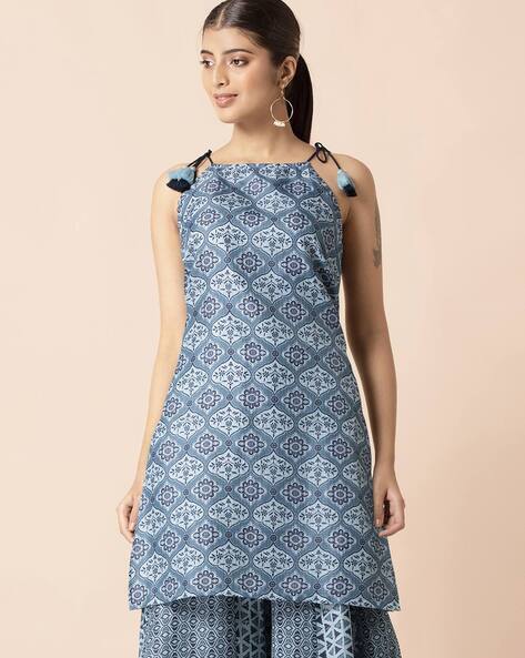 Indya Printed Straight Kurta with Tie-Up Sleeves