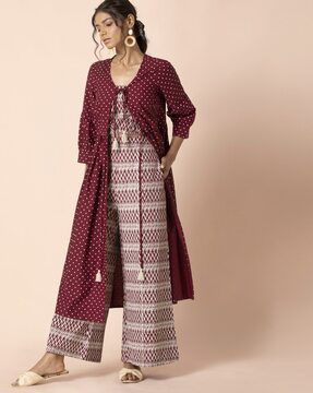 Beautiful Long Jacket with blouse top and Plazo Pant. | Indian fashion  dresses, Designer party wear dresses, Fashion attire