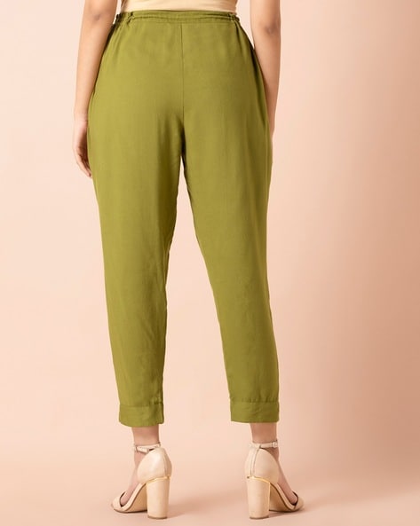 Buy W Women Sea Green Tapered Fit Solid Cropped Cigarette Trousers -  Trousers for Women 6919034 | Myntra