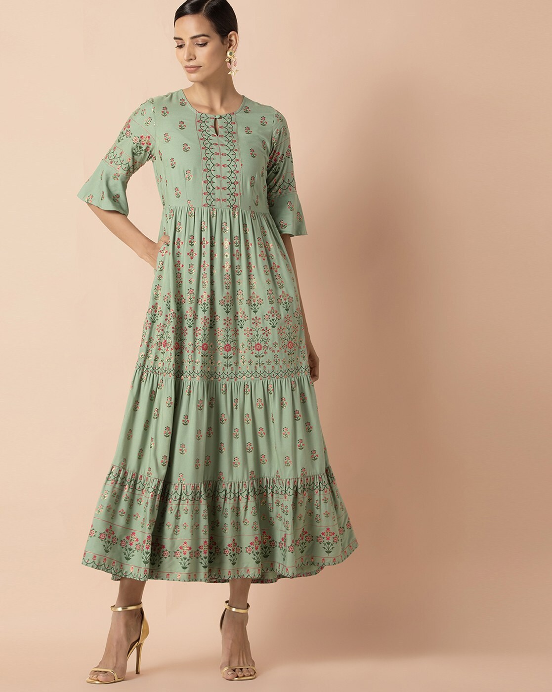 Buy Women Off White And Green Floral Jaal Print Cotton Dress - Feed-Dress -  Indya