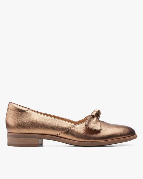 CLARKS Metallic Leather Slip-On Shoes with Knotted Accent