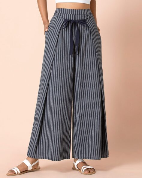White Drawstring Striped Wide Leg Pants - Blue Jeans and Bikinis Boutique