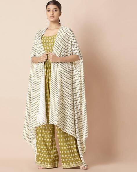 Indya Floral Print Open-Front Shrug with Dipped Hem