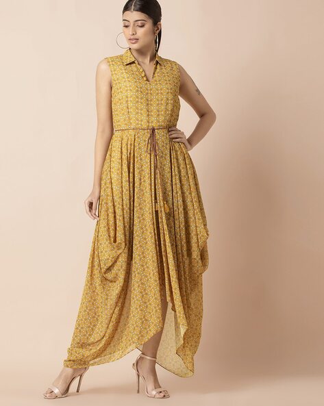 Buy Women Yellow Floral Dotted High Low Dress - Date Night Dress - Indya