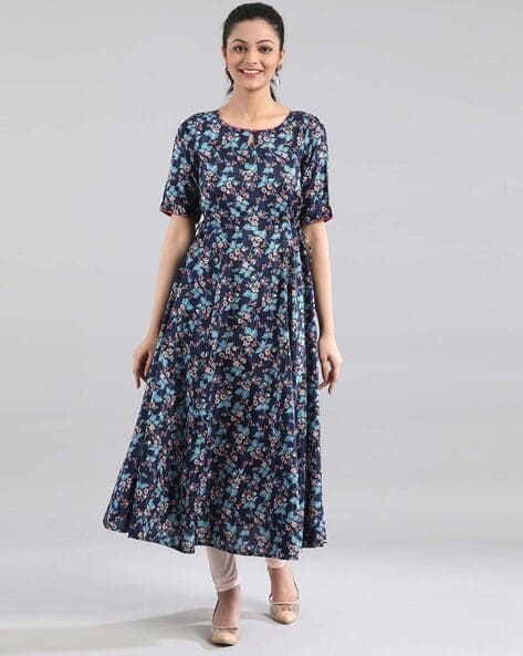AURELIA Floral Print Flared Kurta with Side Tie-Ups