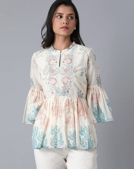 Printed Peplum Top with Bell Sleeves