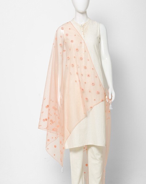 Floral Embroidered Net Dupatta with Tassels Price in India