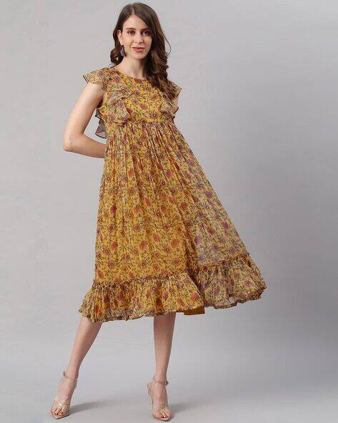mustard fit and flare dress