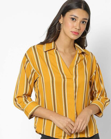 Striped Top with Spread Collar