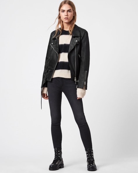 AllSaints Luna Oversized Leather Biker Jacket in Black Womens Clothing Jackets Leather jackets 