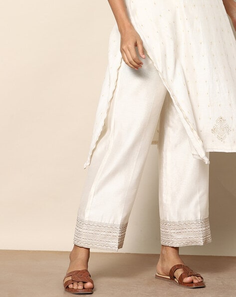 Buy Off White Embroidered Pants Online - W for Woman