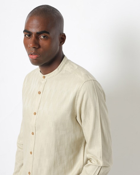 Linen Long Sleeve Mandarin Collar Shirts. Pull on Long Shirt Made by OFFON  CLOTHING 