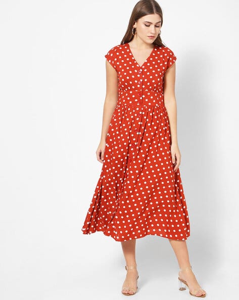 Polka-Dot Print V-neck Midi A-line Dress