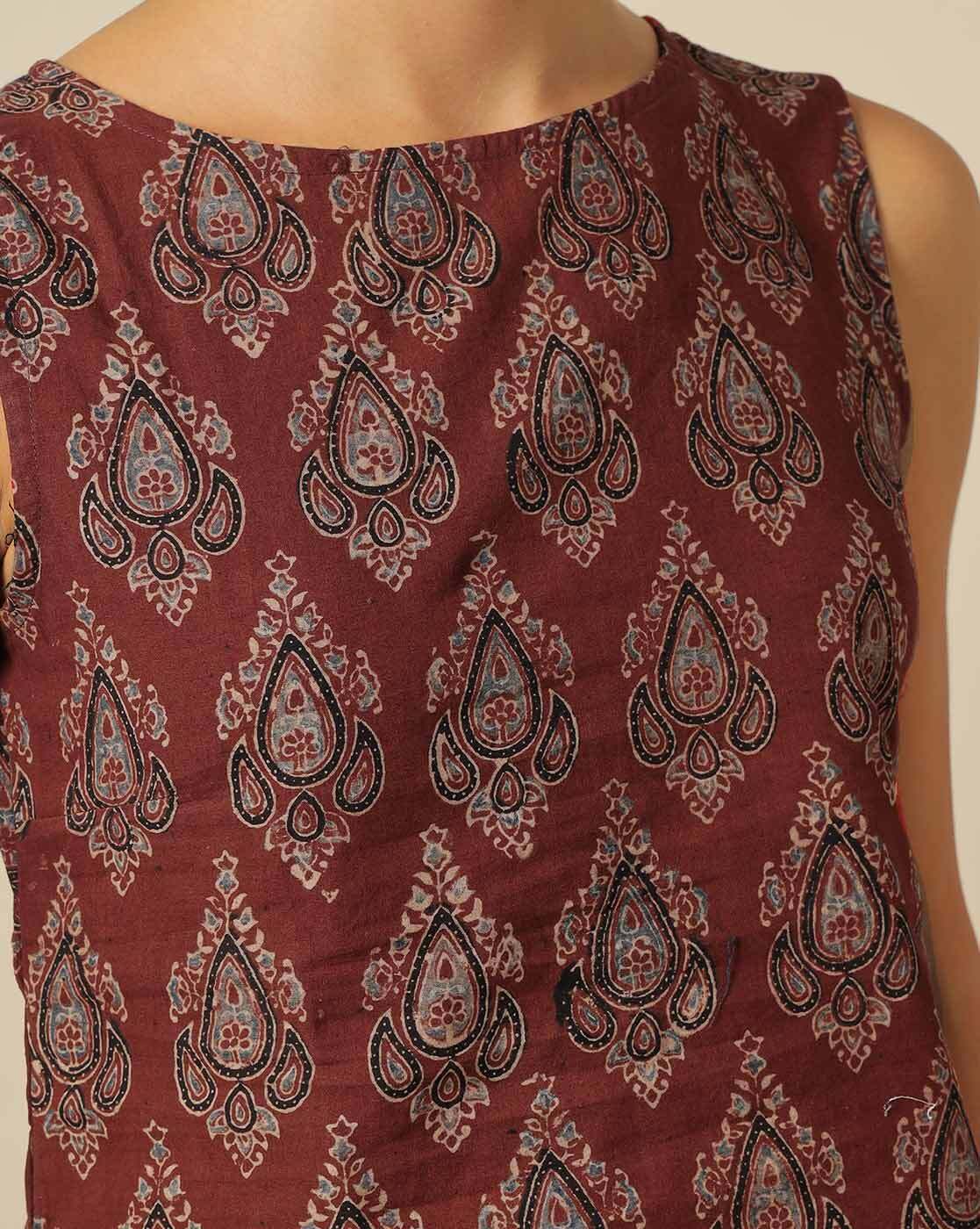 Get Ajrakh Printed Brown Sleeveless Crop Top at ₹ 999