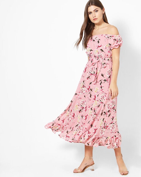 Pink floral 2025 off shoulder dress