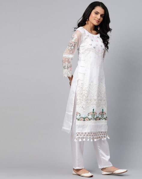 White Cotton Embroidered, Embellished Salwar Suit Material (Unstitched) -  VALAM PRINTS - 3479681