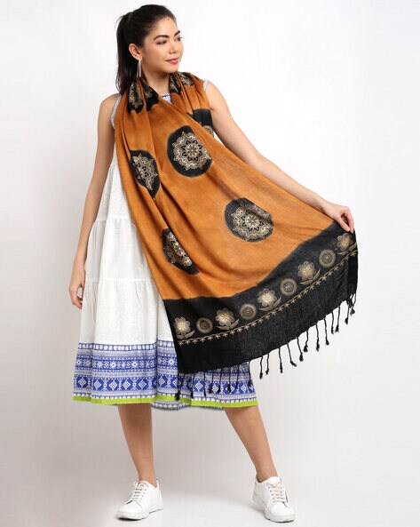 Block Print Stole with Tassels Price in India