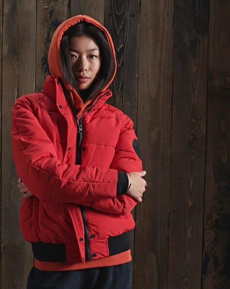 Red hooded deals bomber jacket