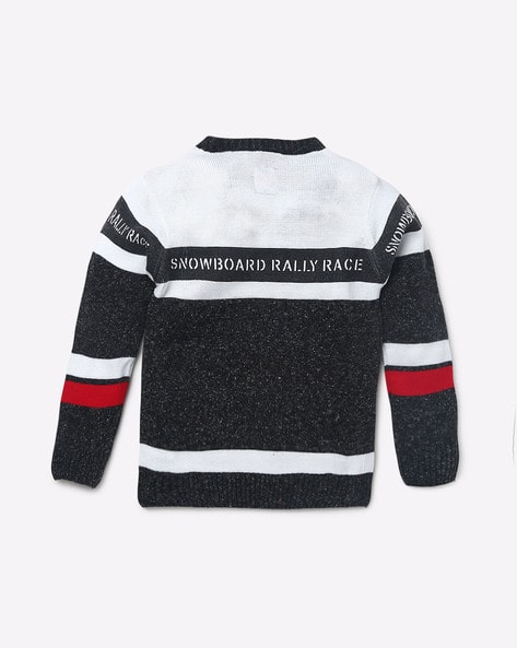 Striped Round-Neck Sweater with Text Print view 2