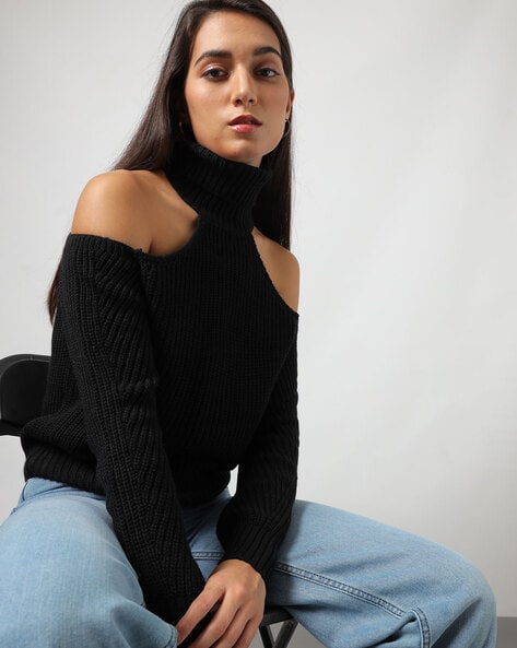 Cold-Shoulder Roll Neck Sweater Black, Knitwear