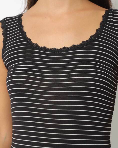 Lace-trimmed Ribbed Tank Top - White/black striped - Ladies