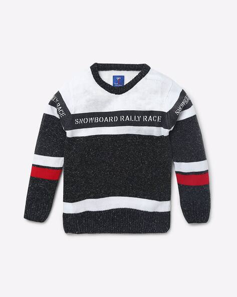 Striped Round-Neck Sweater with Text Print