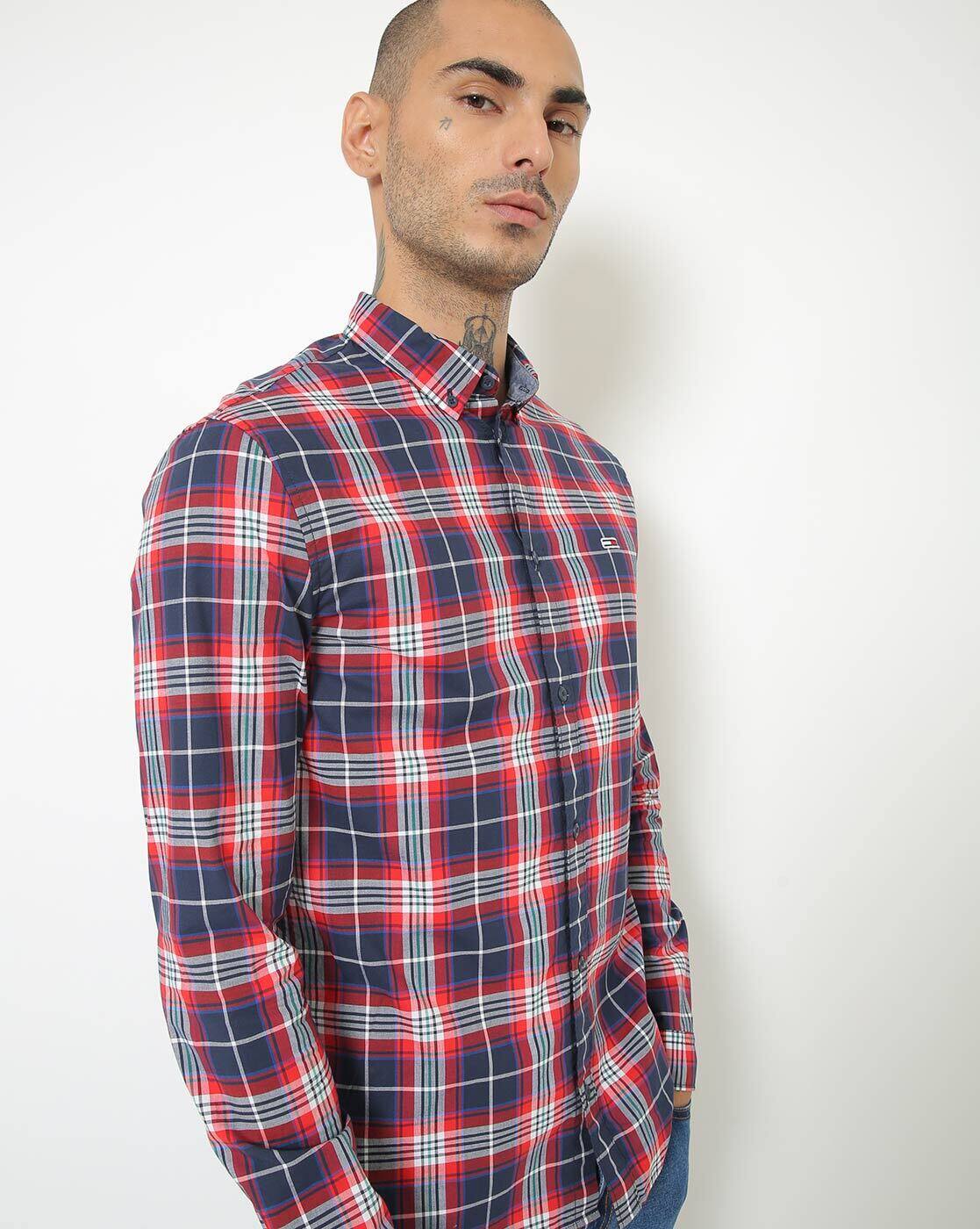 blue and red tommy hilfiger shirt