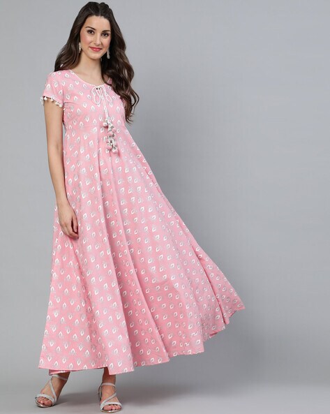 Floral Print Fit & Flare Dress with Tassels