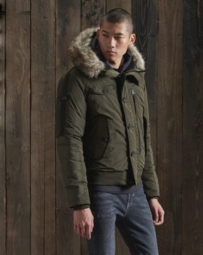 olive green jacket with fur hood