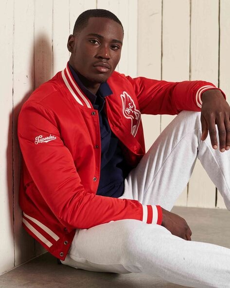 Red varsity bomber discount jacket