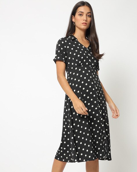 Polka-Dot Print Button-Down A-line Dress