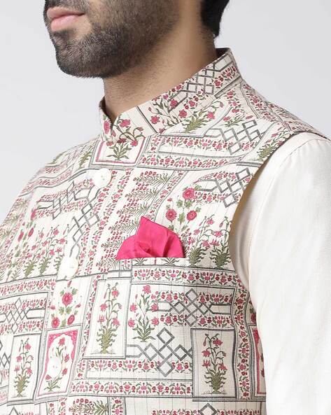 Buy KISAH Men White & Green Printed Nehru Jacket - Nehru Jackets for Men  10771724 | Myntra