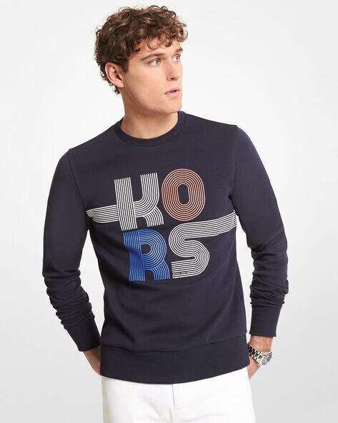 Buy Michael Kors Graphic Logo Crew-Neck Sweatshirt | Navy Blue Color Men |  AJIO LUXE