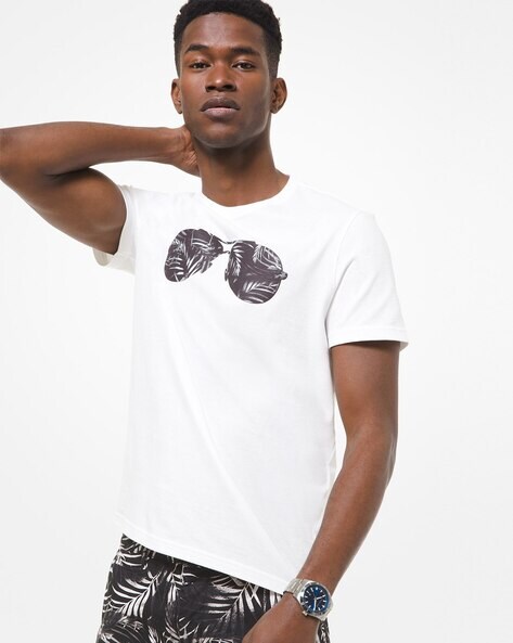 Buy Michael Kors Palm Aviator Print Crew-Neck T-shirt | White Color Men |  AJIO LUXE