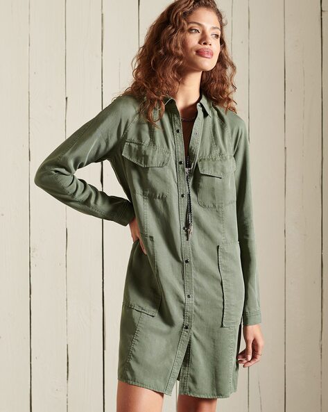 Tencel Oversized Shirt Dress with Button-Flap Pockets