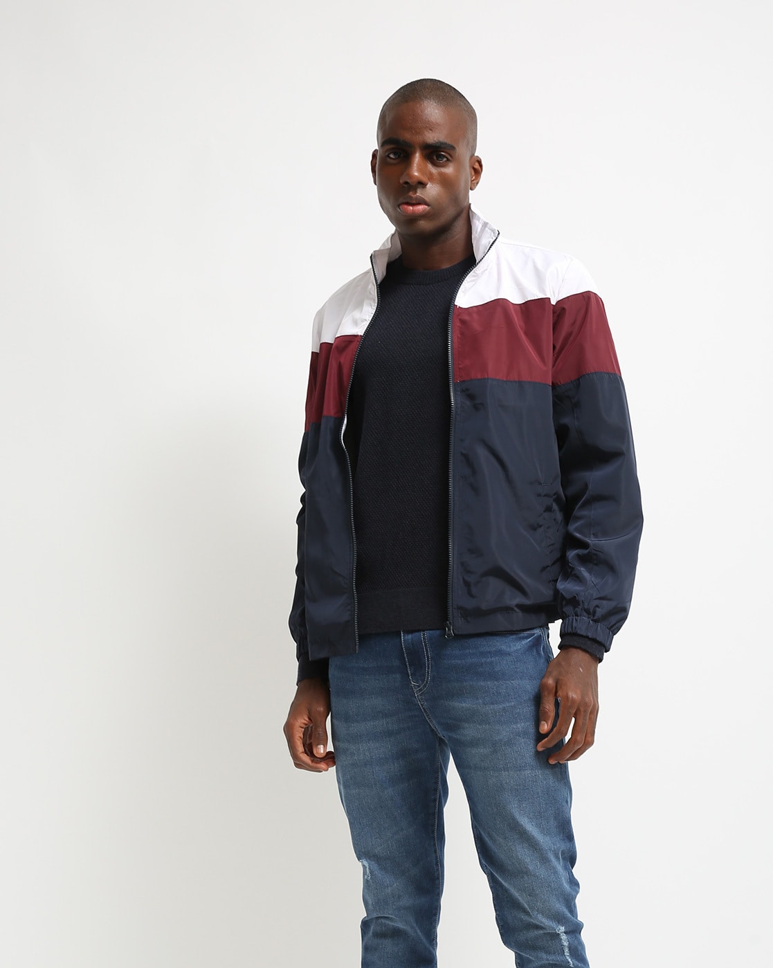 Red white blue color sale block jacket