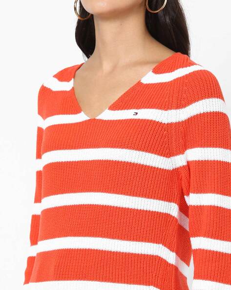 orange v neck sweater women's