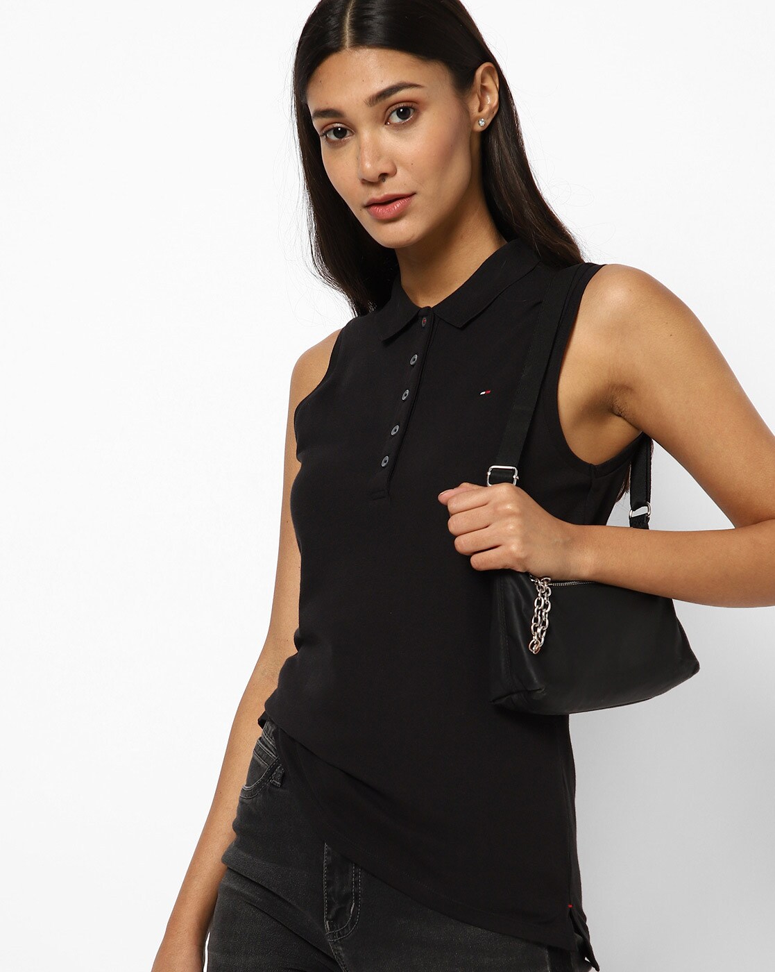 black sleeveless shirt with collar